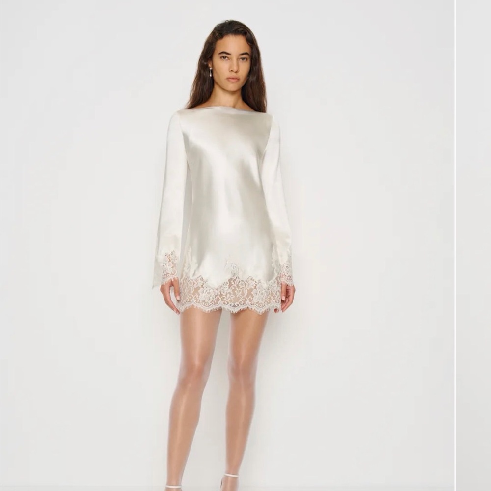 Reformation Blanche Dress -  Ivory Satin Mini Dress with Lace Trim